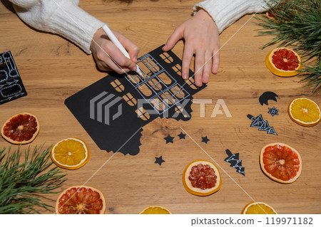 Christmas Gingerbread Paper black House Gift idea. Do it yourself instruction eco-friendly decoration. Zero waste Making handmade presents children's diy projects. Holiday family time 119971182