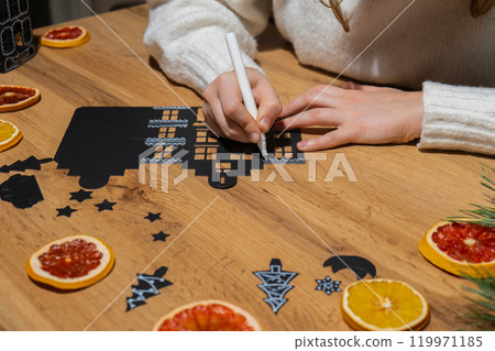 Christmas Gingerbread Village Paper black House Sustainable preparation Diy process of making handmade decoration. Step by step activity for children. Inclusive and responsible stress relief holiday 119971185
