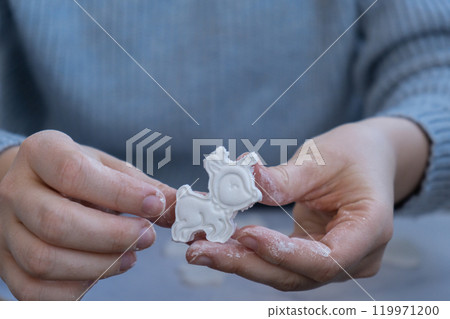 Children air dry clay activity handicraft idea Christmas deer. DIY process step by step instruction. Preparing for Christmas tree holiday decorating. Modern organic design minimalistic plastic free 119971200