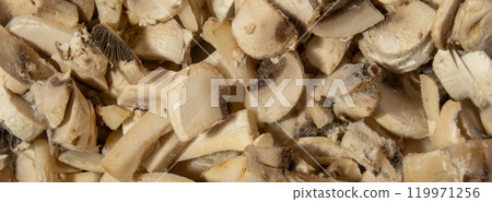 Background made of Frozen food sliced mushrooms champignon homemade. Harvesting concept. Stocking up vegetables for winter storage 119971256