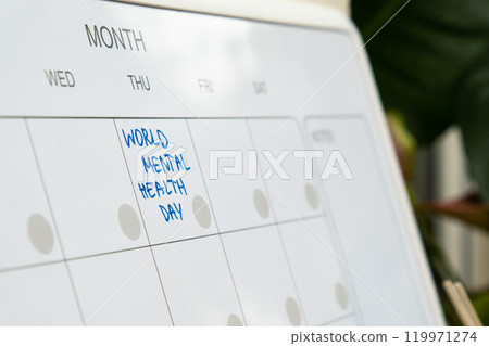 WORLD MENTAL HEALTH DAY on calendar to remind important event appointment Monthly PLANNER. Magnetic board with the days of the month. Place to enter important matters schedule. Concept for business WORLD MENTAL HEALTH DAY on calendar to remind important event appointment Monthly PLANNER. Magnetic board with the days of the month. Place to enter important matters schedule. Concept for business 119971274