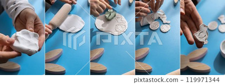 Collage tutorial Creator is using white air dry clay for making decor to EASTER holiday. Creating hobby recreation activity that involves fingers. DIY crafting Collage tutorial Creator is using white air dry clay for making decor to EASTER holiday. Creating hobby recreation activity that involves fingers. DIY crafting 119971344