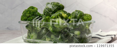 Frozen food broccoli florets homemade. Harvesting concept. Stocking up vegetables for winter storage. Healthy food Frozen food broccoli florets homemade. Harvesting concept. Stocking up vegetables for winter storage. Healthy food 119971355