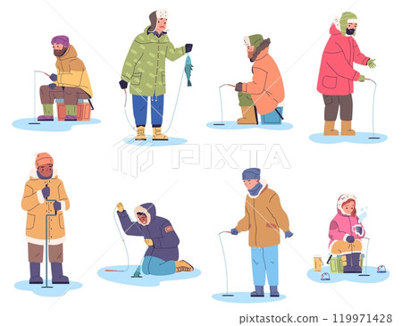 Winter fishers. Cartoon fisher fish fishing at ice hole frozen river forest lake, fisherman in boots with beard spinning snow weather cold season nature, classy vector illustration Winter fishers. Cartoon fisher fish fishing at ice hole frozen river forest lake, fisherman in boots with beard spinning snow weather cold season nature, classy vector illustration 119971428
