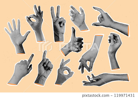 Realistic halftone hands. Hand gestures vintage collage in retro crazy punk grunge posters old newspaper clippings, rebel arm palm finger cut-out dot art, exact vector illustration 119971431