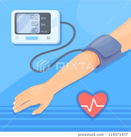 Blood pressure measuring. Hand arm checking arterial blood pressure and heartbeat record, tonometer device cuff measurement high pressuring hypertension, neat vector illustration Blood pressure measuring. Hand arm checking arterial blood pressure and heartbeat record, tonometer device cuff measurement high pressuring hypertension, neat vector illustration 119971437
