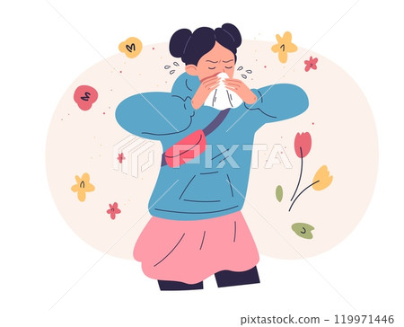 Pollen allergy. Sneezing woman seasonal allergic reaction disease, spring pollination rhinitis asthma symptom girl nose with tissue , health allergen treatment vector illustration Pollen allergy. Sneezing woman seasonal allergic reaction disease, spring pollination rhinitis asthma symptom girl nose with tissue , health allergen treatment vector illustration 119971446