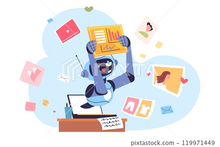 Ai content creation. Artificial intelligence automation work in computer cyberspace, social media development art generation robot author or business assistance vector illustration Ai content creation. Artificial intelligence automation work in computer cyberspace, social media development art generation robot author or business assistance vector illustration 119971449