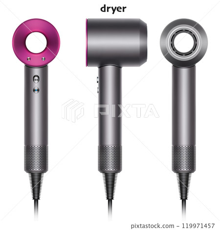 new hairdryer in realistic style, front side and back view, isolated on white background. mockup of hair dryer for professional beauty salon. vector illustration new hairdryer in realistic style, front side and back view, isolated on white background. mockup of hair dryer for professional beauty salon. vector illustration 119971457