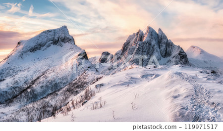 Panorama of Steep peak mountains with covered snow and yellow tent 119971517