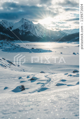 Sunrise over Medicine Lake with snow covered and rocky mountains at Jasper national park, Canada 119971604