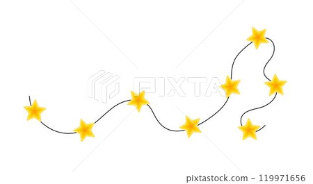 Christmas colorful bright yellow star lights curly string garland simple doodle hand drawn vector illustration, flat style cartoon image for winter New Year holiday, birthday events design Christmas colorful bright yellow star lights curly string garland simple doodle hand drawn vector illustration, flat style cartoon image for winter New Year holiday, birthday events design 119971656
