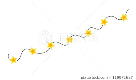 Christmas colorful bright yellow star lights curly string garland simple doodle hand drawn vector illustration, flat style cartoon image for winter New Year holiday, birthday events design Christmas colorful bright yellow star lights curly string garland simple doodle hand drawn vector illustration, flat style cartoon image for winter New Year holiday, birthday events design 119971657