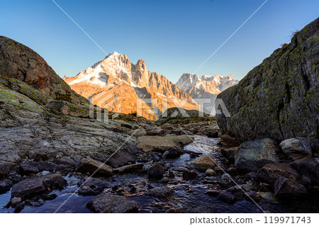 French alps mountain with stream flowing in rocky valley at Lac Blanc, France 119971743