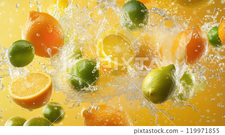 Vibrant citrus splash: lemons, oranges, and limes in dynamic motion 119971855