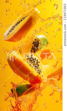 Tropical fruit explosion: mango and papaya splash with vibrant citrus burst for summer design Tropical fruit explosion: mango and papaya splash with vibrant citrus burst for summer design 119971863