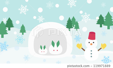 Vector background illustration of a winter scene with cute snow rabbits and snowmen [horizontal] 119971889