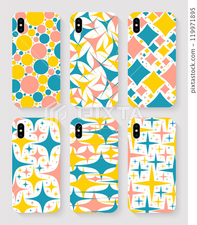 set of smartphone cases with colored print top view on grey background. vector illustration set of smartphone cases with colored print top view on grey background. vector illustration 119971895