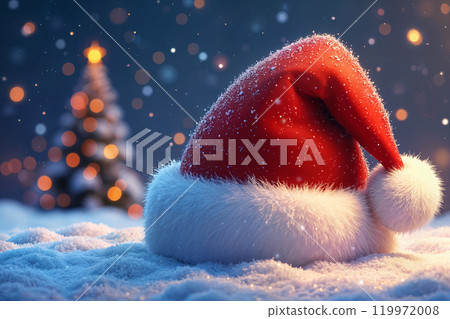 Red Santa hat on a snowy surface. 119972008
