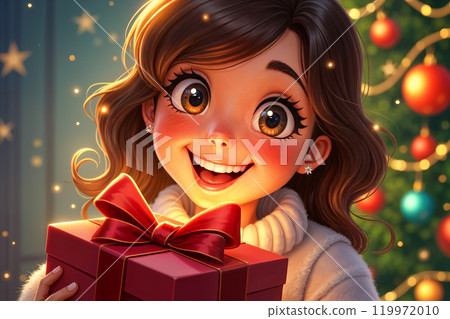 Girl holding a red gift box. 119972010