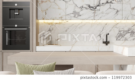 Cozy home kitchen interior with cooking cabinet, bar island and kitchenware Cozy home kitchen interior with cooking cabinet, bar island and kitchenware 119972303