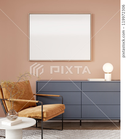 Big frame mockup in trendy peach color, living room, 3d render 119972306