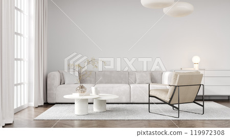 Modern light living room interior mockup with white sofa and armchair, 3d rendering 119972308