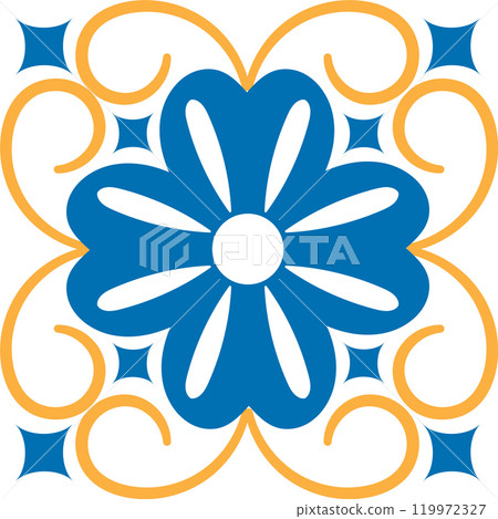 Seamless repeating pattern of stylized blue flower with white petals and yellow ornaments, perfect for textile, wallpaper, or ceramic tile design 119972327