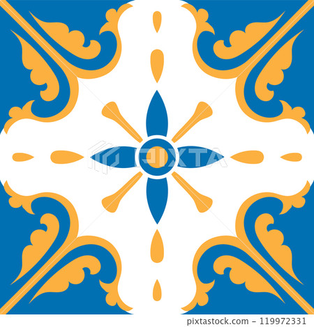 Portuguese azulejo decorative tile featuring stylized flower and leaves in blue, yellow, and white, ideal for backgrounds, patterns, and cultural designs Portuguese azulejo decorative tile featuring stylized flower and leaves in blue, yellow, and white, ideal for backgrounds, patterns, and cultural designs 119972331