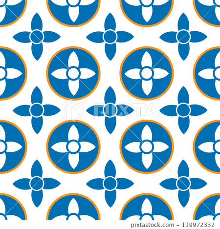 Modern and visually appealing floral design with seamless geometric pattern and stylized quatrefoil flowers in blue and orange, suitable for various applications 119972332