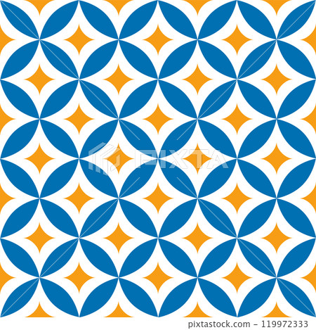 Blue and yellow interlocking quatrefoils form a visually captivating pattern, perfect for a variety of design uses 119972333