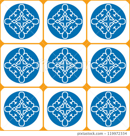 Blue and white circular tile pattern designed to enhance any decorative background, perfect for a variety of design applications Blue and white circular tile pattern designed to enhance any decorative background, perfect for a variety of design applications 119972334