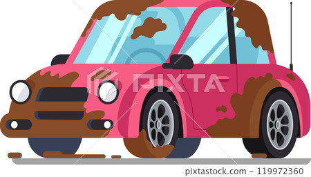 Muddy pink car driving on a dirt road, capturing the spirit of off road exploration and the need for a thorough car wash 119972360
