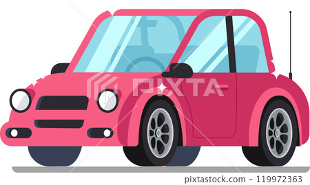 Emphasizing road safety through illustration, a pink car with broken windows and dented bodywork showcases the aftermath of a car crash 119972363