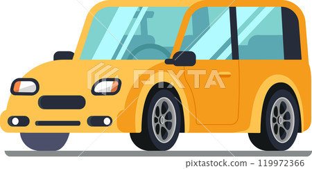 Compact, fuel efficient yellow car parked on a gray road, highlighting its modern, practical design perfect for urban driving and eco friendly individuals Compact, fuel efficient yellow car parked on a gray road, highlighting its modern, practical design perfect for urban driving and eco friendly individuals 119972366