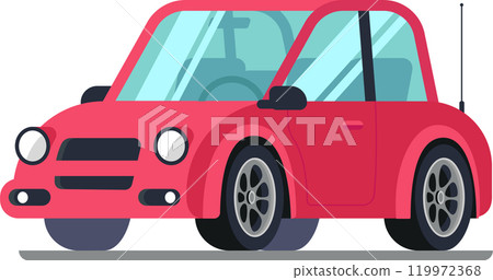Illustration of a sleek, stylish red compact car with a steering wheel and antenna, perfect for automotive or transportation design projects 119972368
