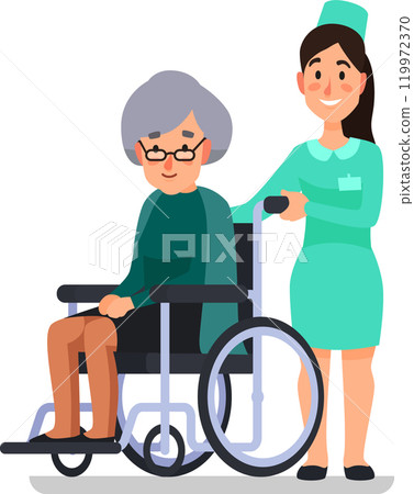 Young nurse providing care and support to a happy elderly woman in a wheelchair, promoting well being and assistance for senior citizens in a healthcare setting Young nurse providing care and support to a happy elderly woman in a wheelchair, promoting well being and assistance for senior citizens in a healthcare setting 119972370