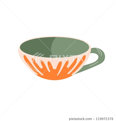 Modern ceramic tea mug in flat style. Porcelain coffee or tea cup with orange abstract ornament and green handle. Vector illustration of tableware isolated on white background. Modern ceramic tea mug in flat style. Porcelain coffee or tea cup with orange abstract ornament and green handle. Vector illustration of tableware isolated on white background. 119972378