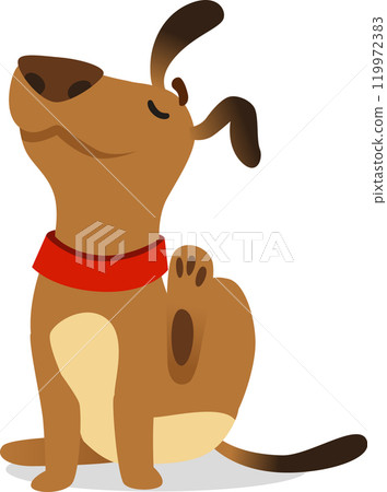 Happy brown dog with red collar scratching its back with paw in cartoon illustration, isolated on white background Happy brown dog with red collar scratching its back with paw in cartoon illustration, isolated on white background 119972383
