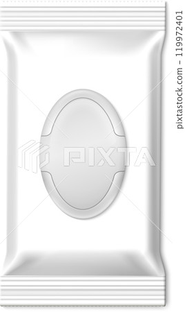 White blank packaging for wet wipes with an oval resealable sticker is showcasing a practical and convenient way to maintain personal hygiene 119972401