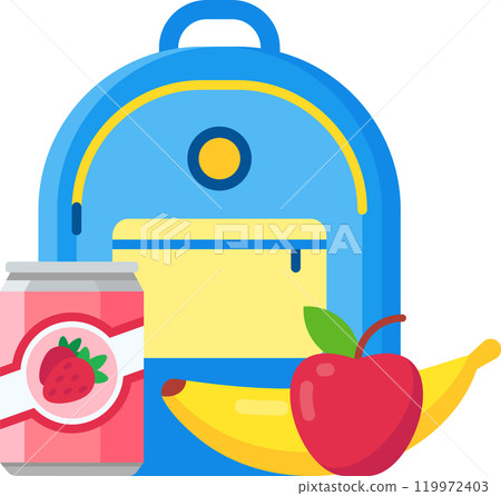 School backpack with healthy snacks such as apple, banana and strawberry juice can promoting a balanced diet for students School backpack with healthy snacks such as apple, banana and strawberry juice can promoting a balanced diet for students 119972403