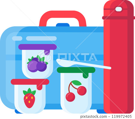 Healthy lunch set, blue lunchbox filled with yogurt jars and fresh fruit, complete with a spoon and red thermos perfect for school or office 119972405