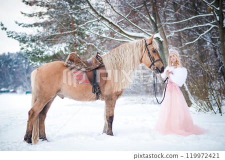 Princess in crown with horse in winter. Fairy tale, snowy queen Princess in crown with horse in winter. Fairy tale, snowy queen 119972421