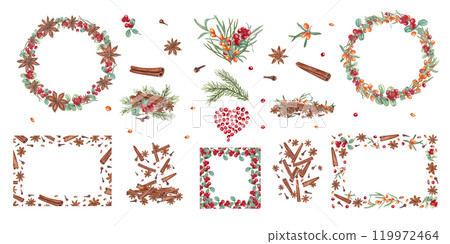 Winter and autumn aromatic spices with berries watercolor illustration clip art. Cinnamons sticks, star anise, cloves, sea buckthorn, cowberry frames, bouquets for hot drinks and Xmas baking. 119972464