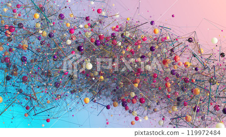 Interwoven Connections: Vivid Spheres on a Gradient Pink-Blue Canvas Interwoven Connections: Vivid Spheres on a Gradient Pink-Blue Canvas 119972484