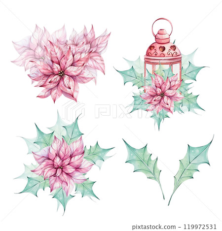 Watercolor set - Christmas red lantern and candle with Red poinsettia and holly green leaves, isolated. Romantic retro style. Winter festive decor. Hand drawn watercolor illustration isolated on white 119972531