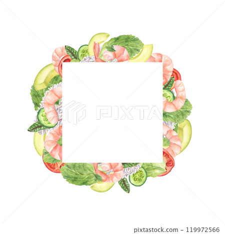 Shrimps, rice and fresh vegetables watercolor isolated square frame with empty space for text. Slices of tomato, cucumber, avocado with salad greens care food illustration for greeting, menu decor. 119972566