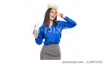 Successful businesswoman with crown. Business success and reward. Successful leadership leading business to success. Ambitious businesswoman in formalwear and crown. Cheering with champagne Successful businesswoman with crown. Business success and reward. Successful leadership leading business to success. Ambitious businesswoman in formalwear and crown. Cheering with champagne 119972593