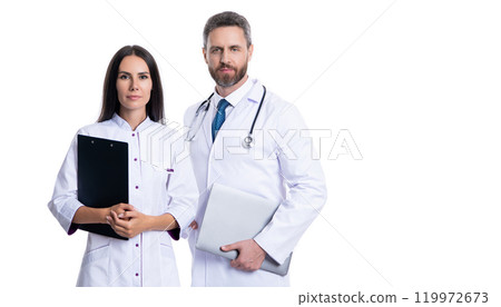 healthcare and medicine. Medicine doctor hold clipboard. medical and healthcare workers in hospital isolated on white. two doctors internist in medicine service. Health insurance. doctor clipboard 119972673