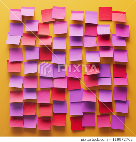 Vibrant Sticky Note Mosaic: Shades of Pink and Purple on Yellow Backdrop 119972702